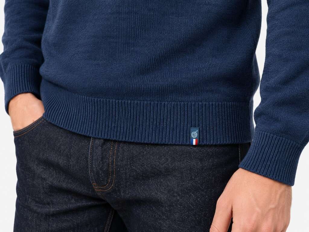 Xifer kustiljat fil-qiegħ ta’ sweater PELOT, b’tikketta Franċiża trikolori meħjuta fin-nisġa.