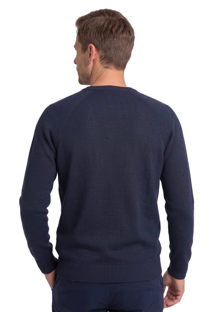 Man wearing the PELOT made-to-measure navy crew-neck sweater, back view.